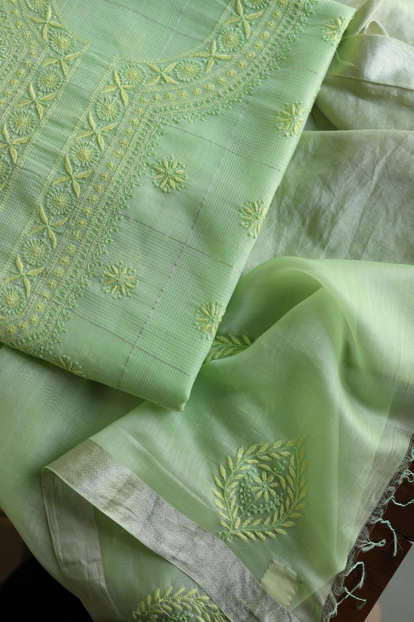 Green Shade Shade Tissue Zari Kota Chikankari Unstitched Fabric