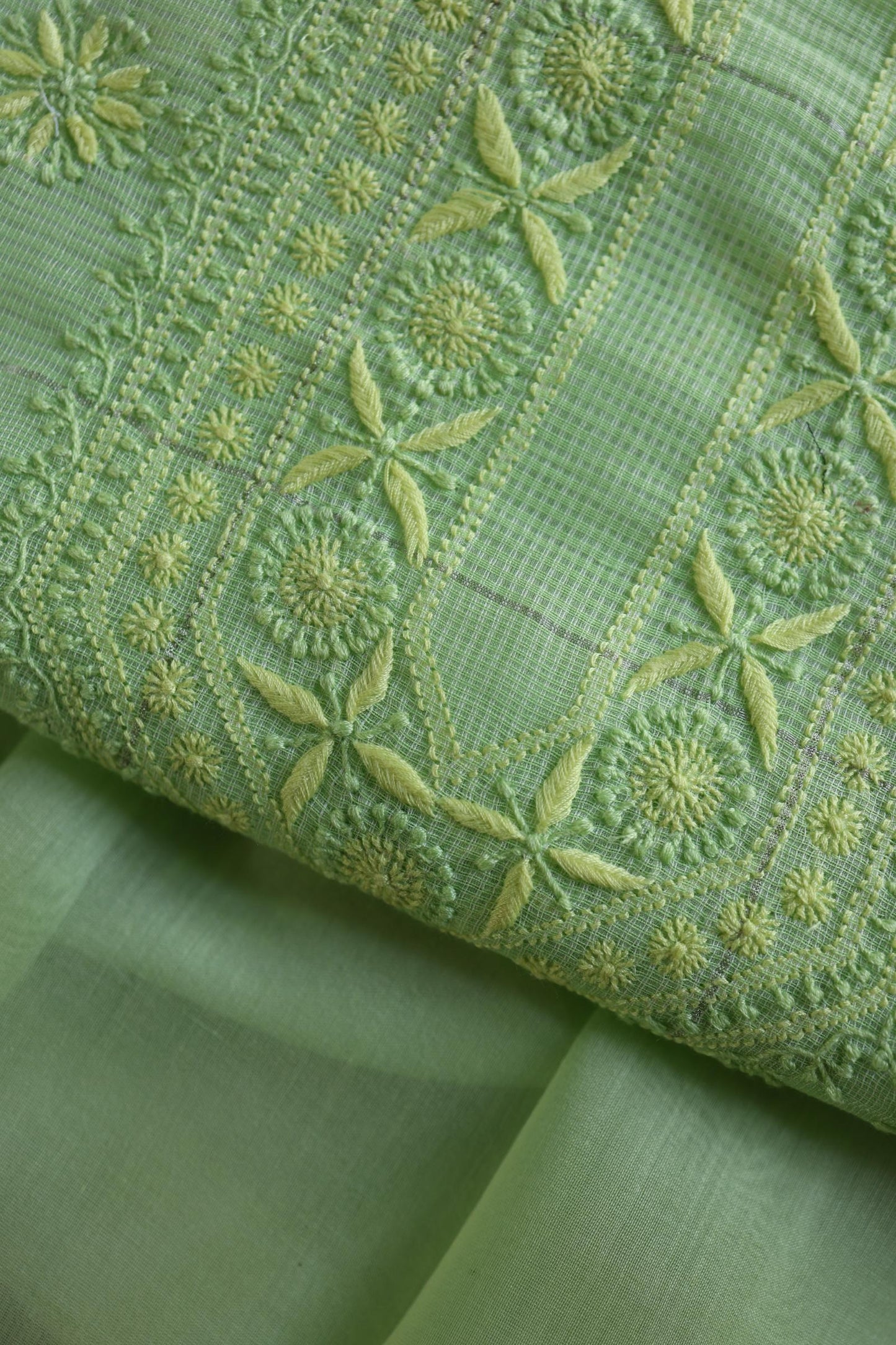 Green Shade Shade Tissue Zari Kota Chikankari Unstitched Fabric