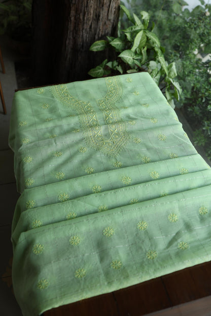 Green Shade Shade Tissue Zari Kota Chikankari Unstitched Fabric