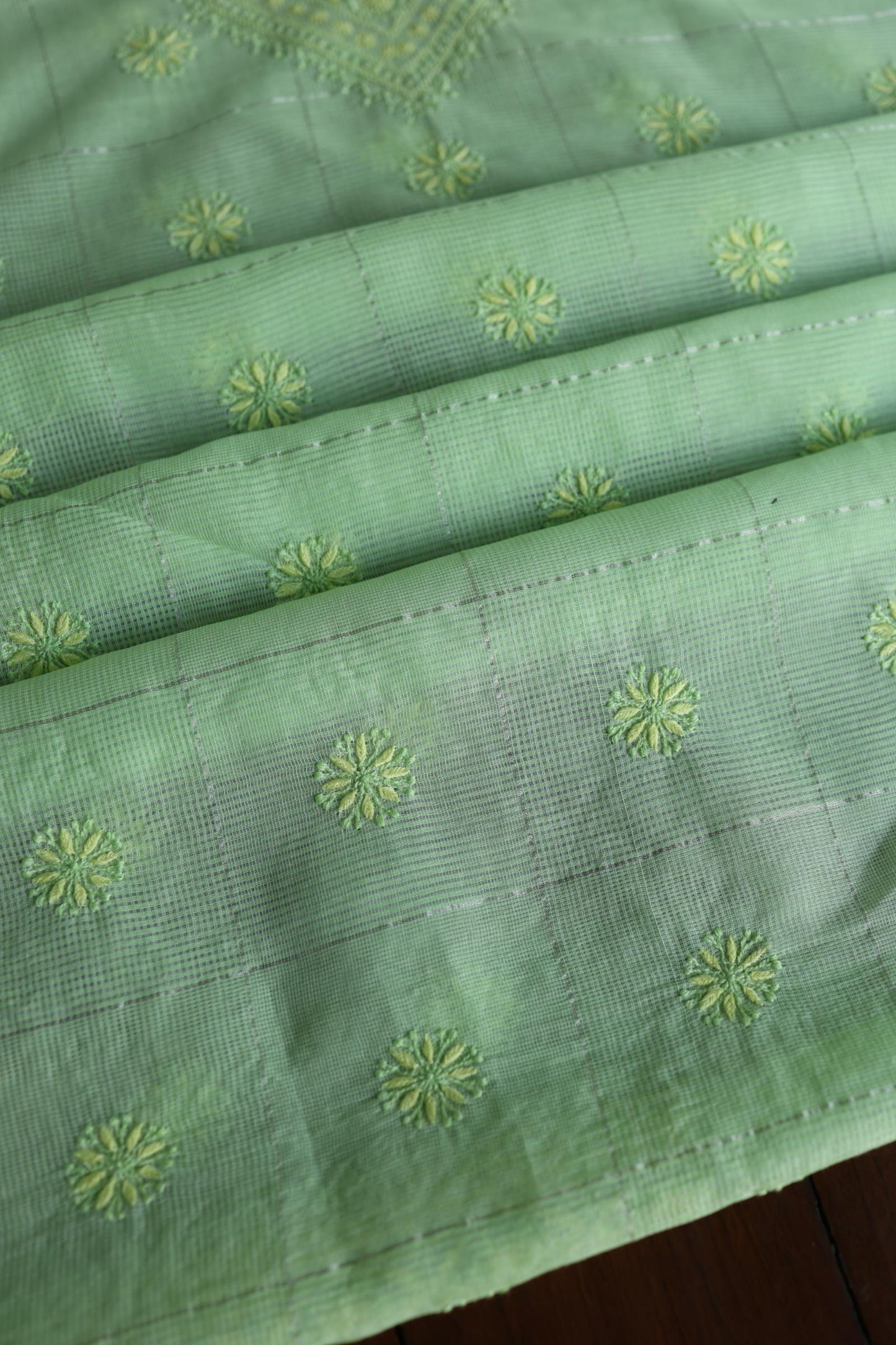 Green Shade Shade Tissue Zari Kota Chikankari Unstitched Fabric