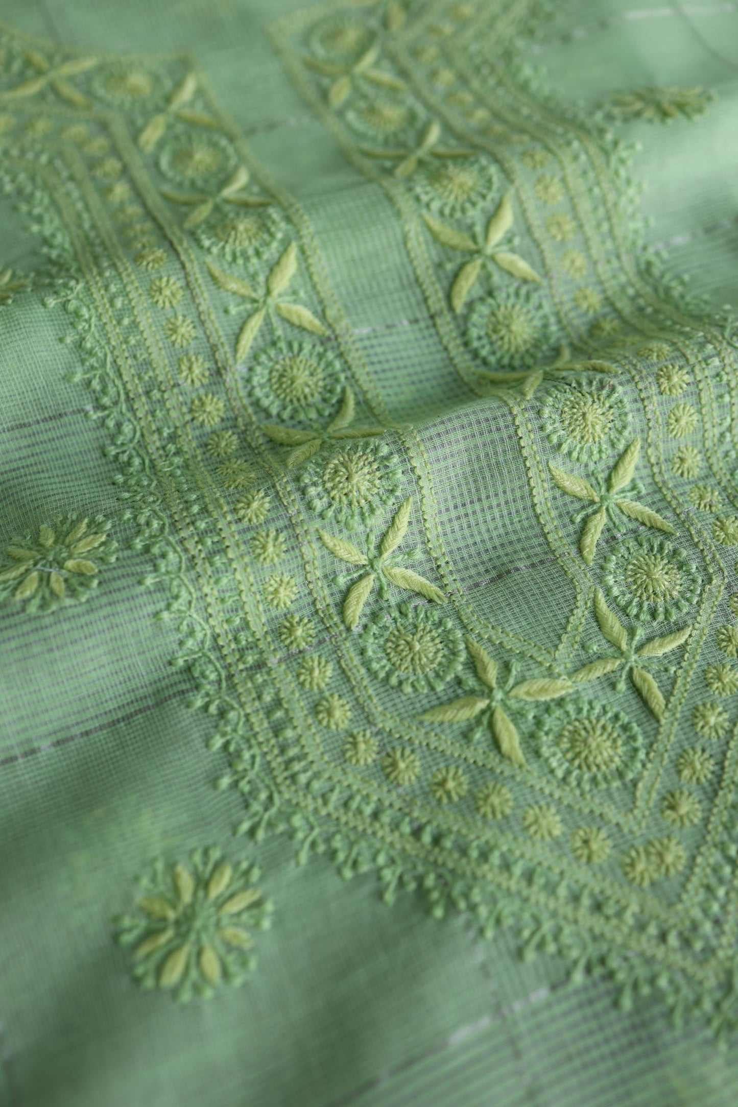 Green Shade Shade Tissue Zari Kota Chikankari Unstitched Fabric