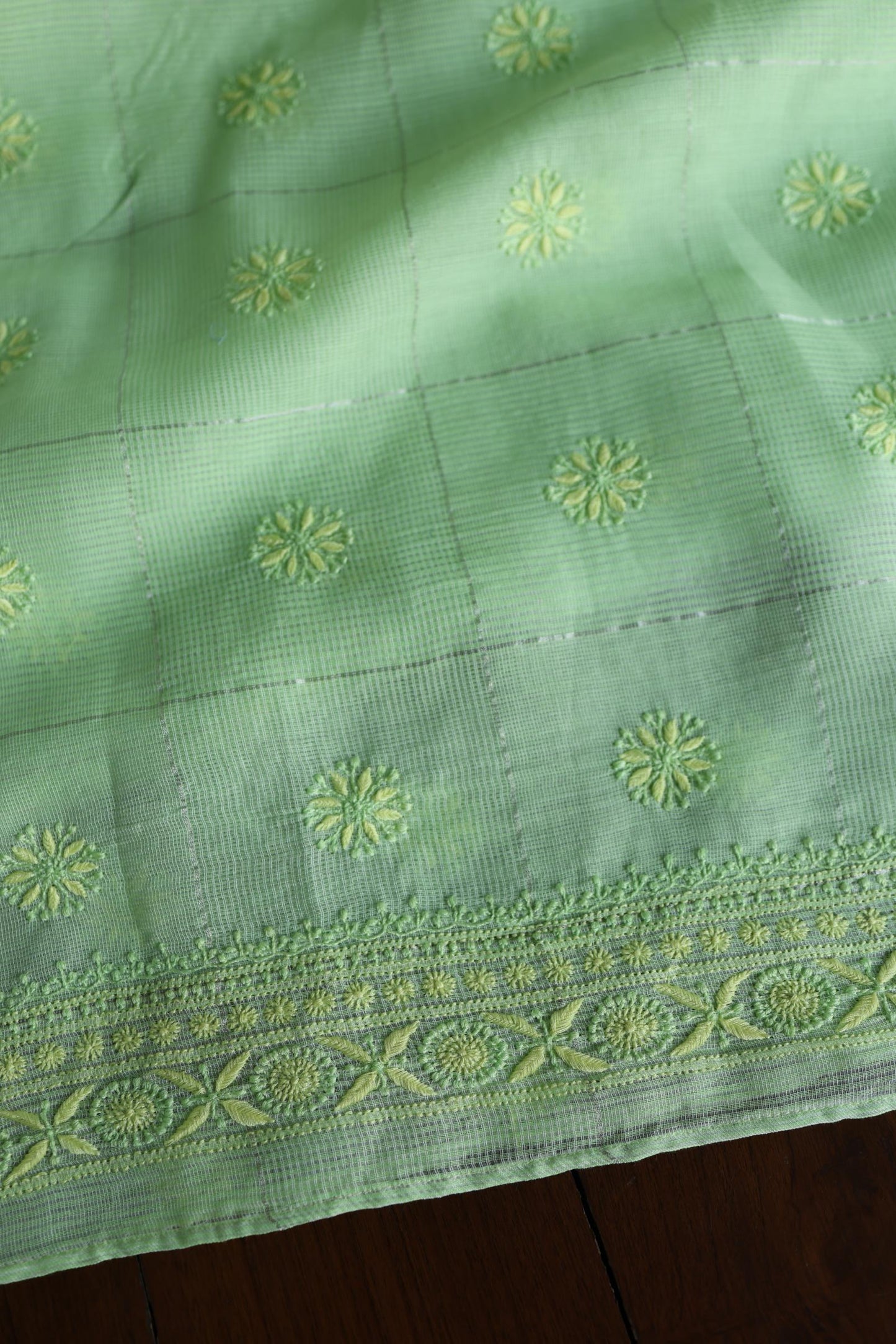 Green Shade Shade Tissue Zari Kota Chikankari Unstitched Fabric