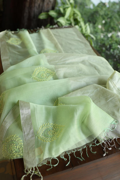Green Shade Shade Tissue Zari Kota Chikankari Unstitched Fabric