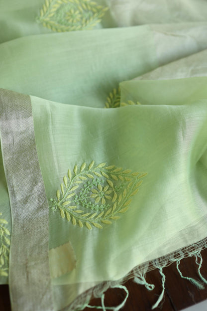 Green Shade Shade Tissue Zari Kota Chikankari Unstitched Fabric