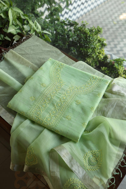 Green Shade Shade Tissue Zari Kota Chikankari Unstitched Fabric