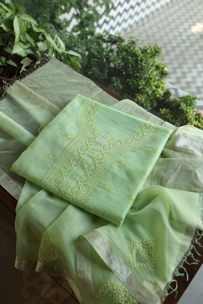 Green Shade Shade Tissue Zari Kota Chikankari Unstitched Fabric