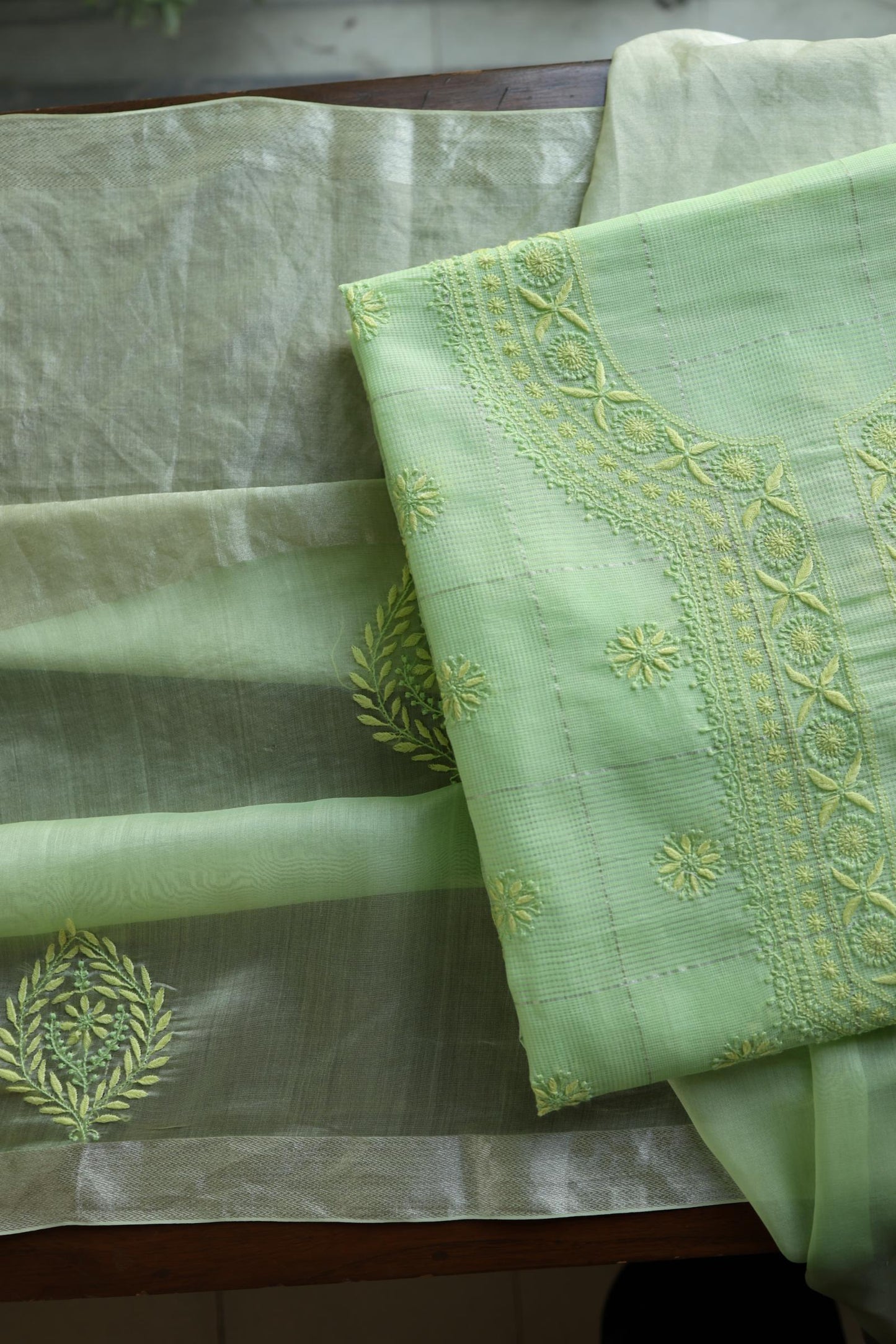 Green Shade Shade Tissue Zari Kota Chikankari Unstitched Fabric
