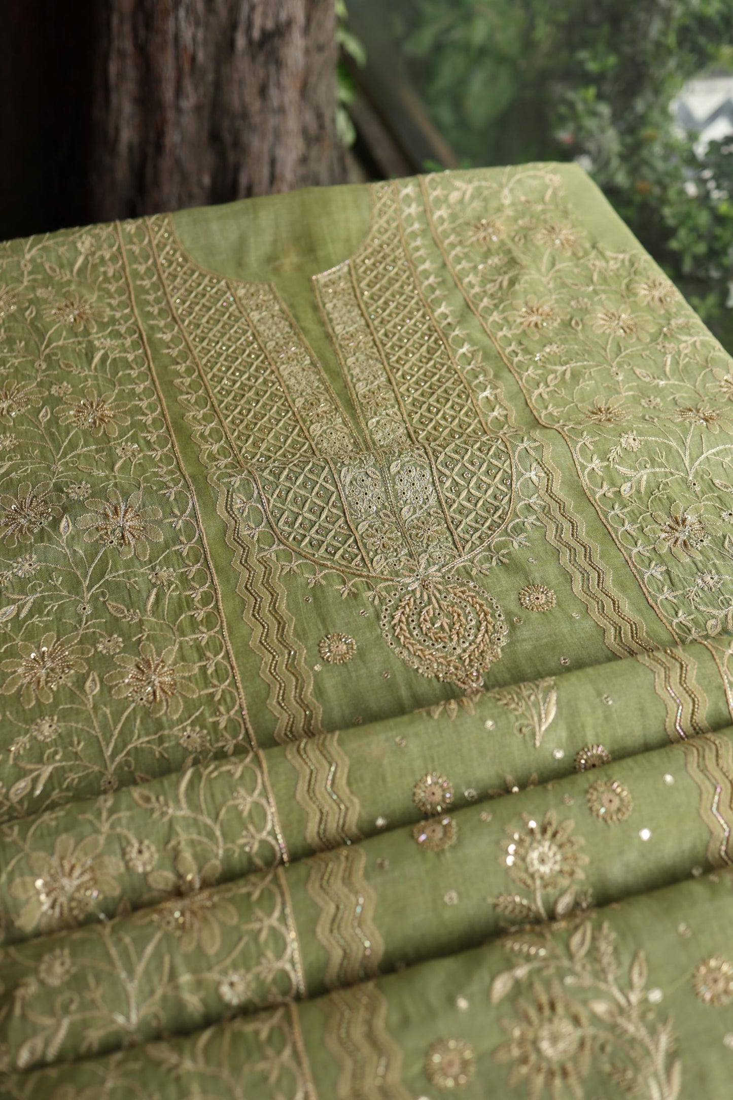 Green Shade Tissue Silk Chikankari Unstitched Fabric