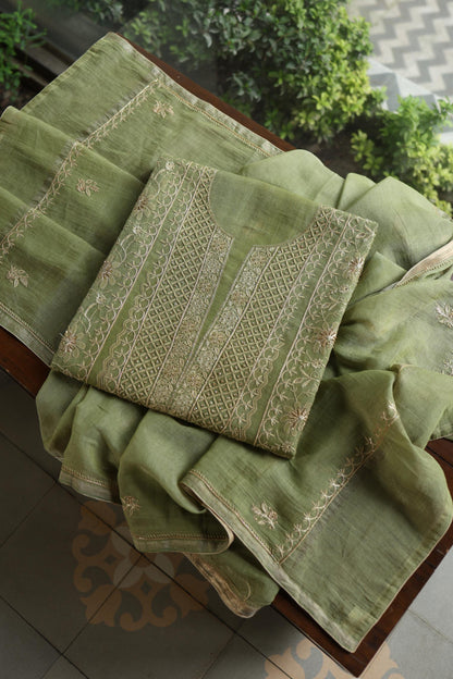 Green Shade Tissue Silk Chikankari Unstitched Fabric