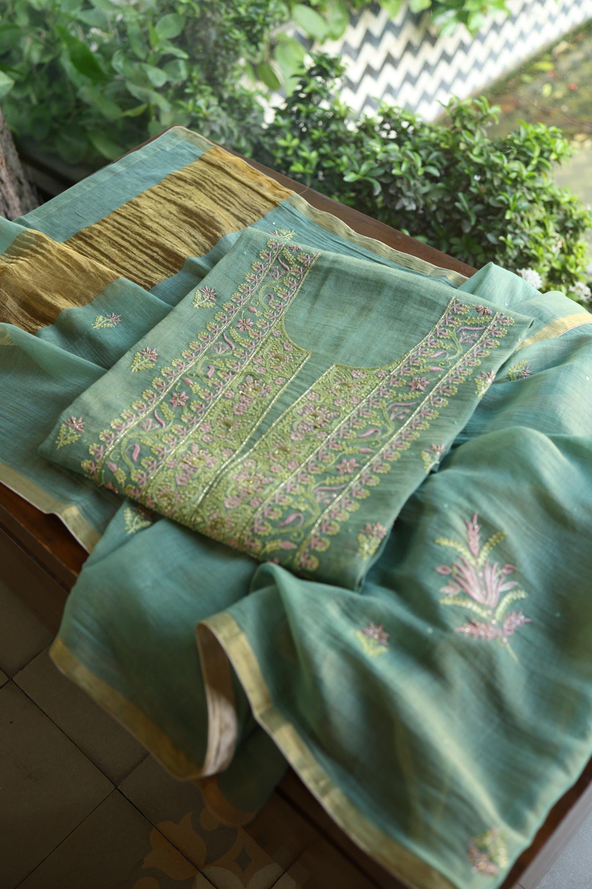 Green Shade Tissue Silk Chikankari Unstitched Fabric