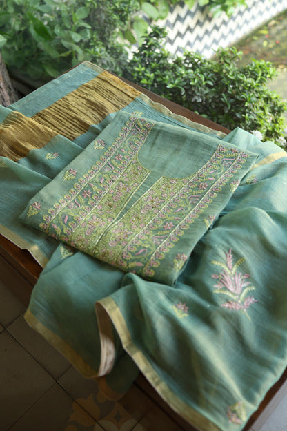 Green Shade Tissue Silk Chikankari Unstitched Fabric