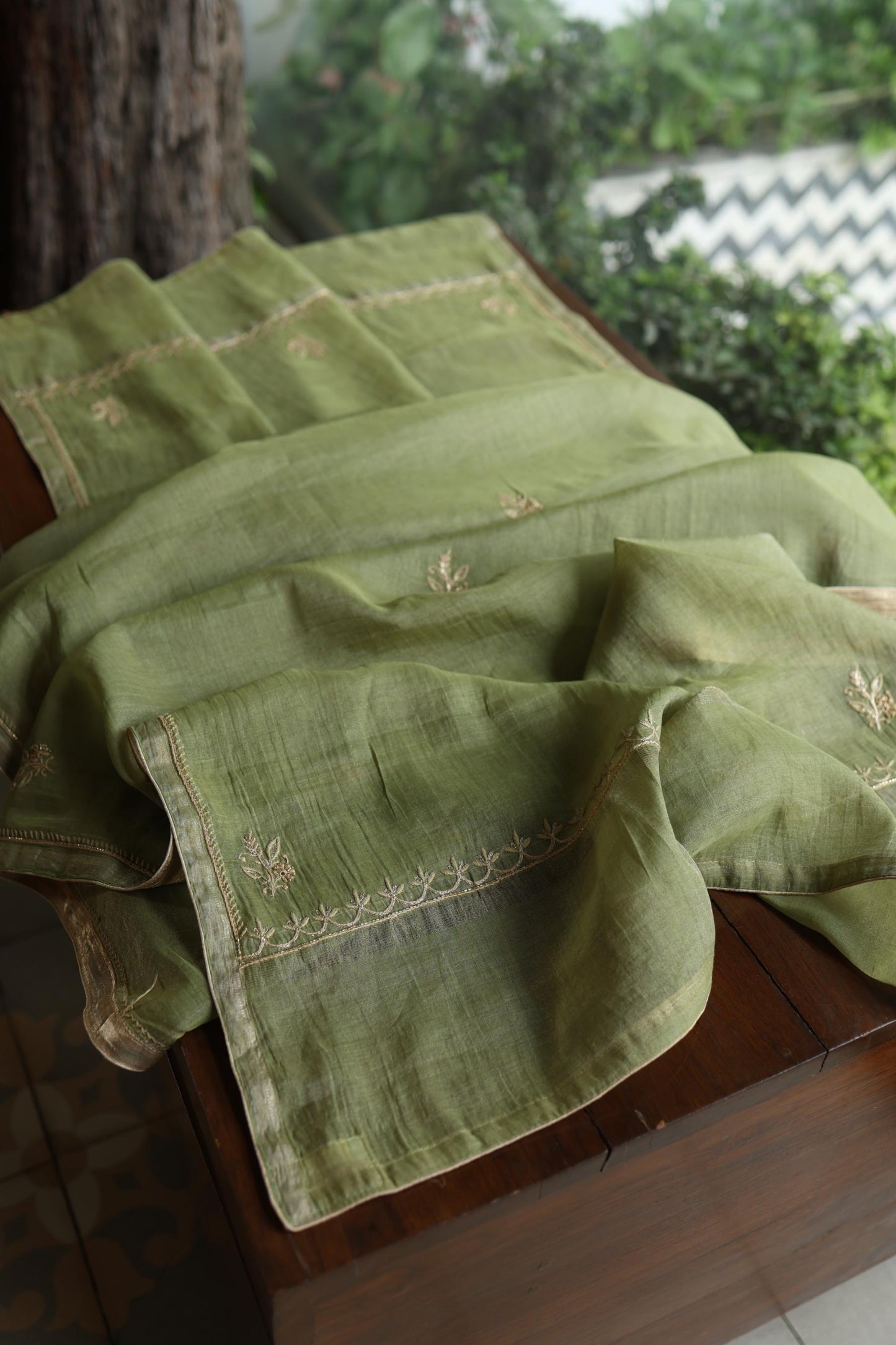 Green Shade Tissue Silk Chikankari Unstitched Fabric