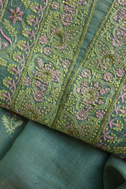 Green Shade Tissue Silk Chikankari Unstitched Fabric