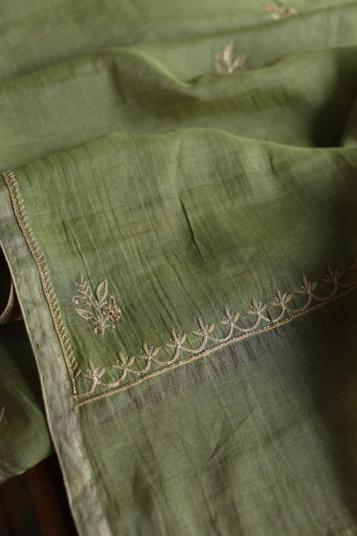 Green Shade Tissue Silk Chikankari Unstitched Fabric