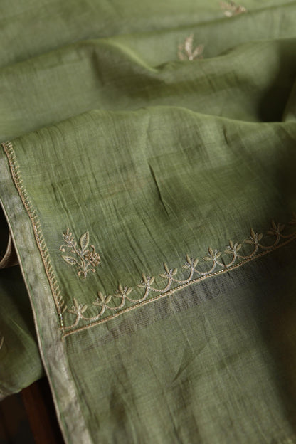 Green Shade Tissue Silk Chikankari Unstitched Fabric