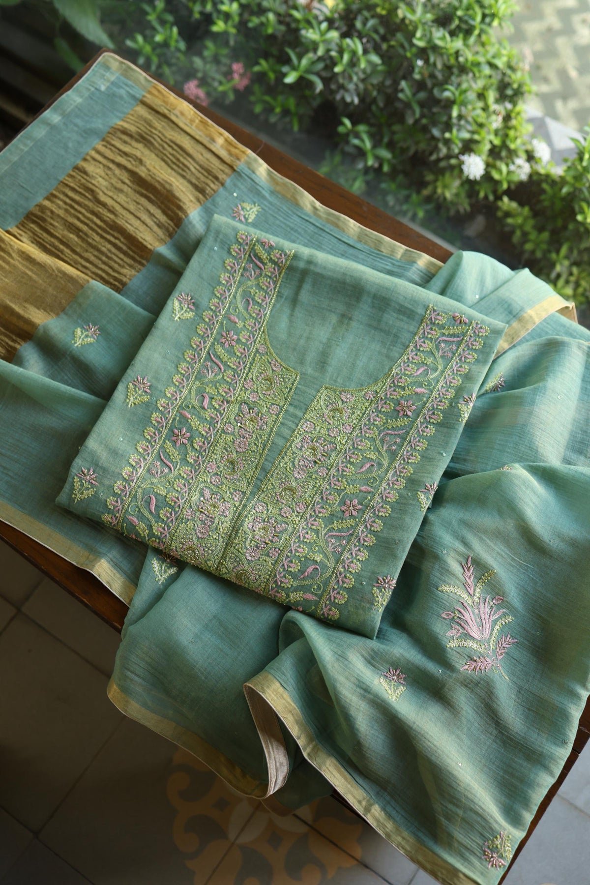Green Shade Tissue Silk Chikankari Unstitched Fabric