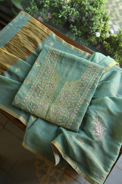 Green Shade Tissue Silk Chikankari Unstitched Fabric