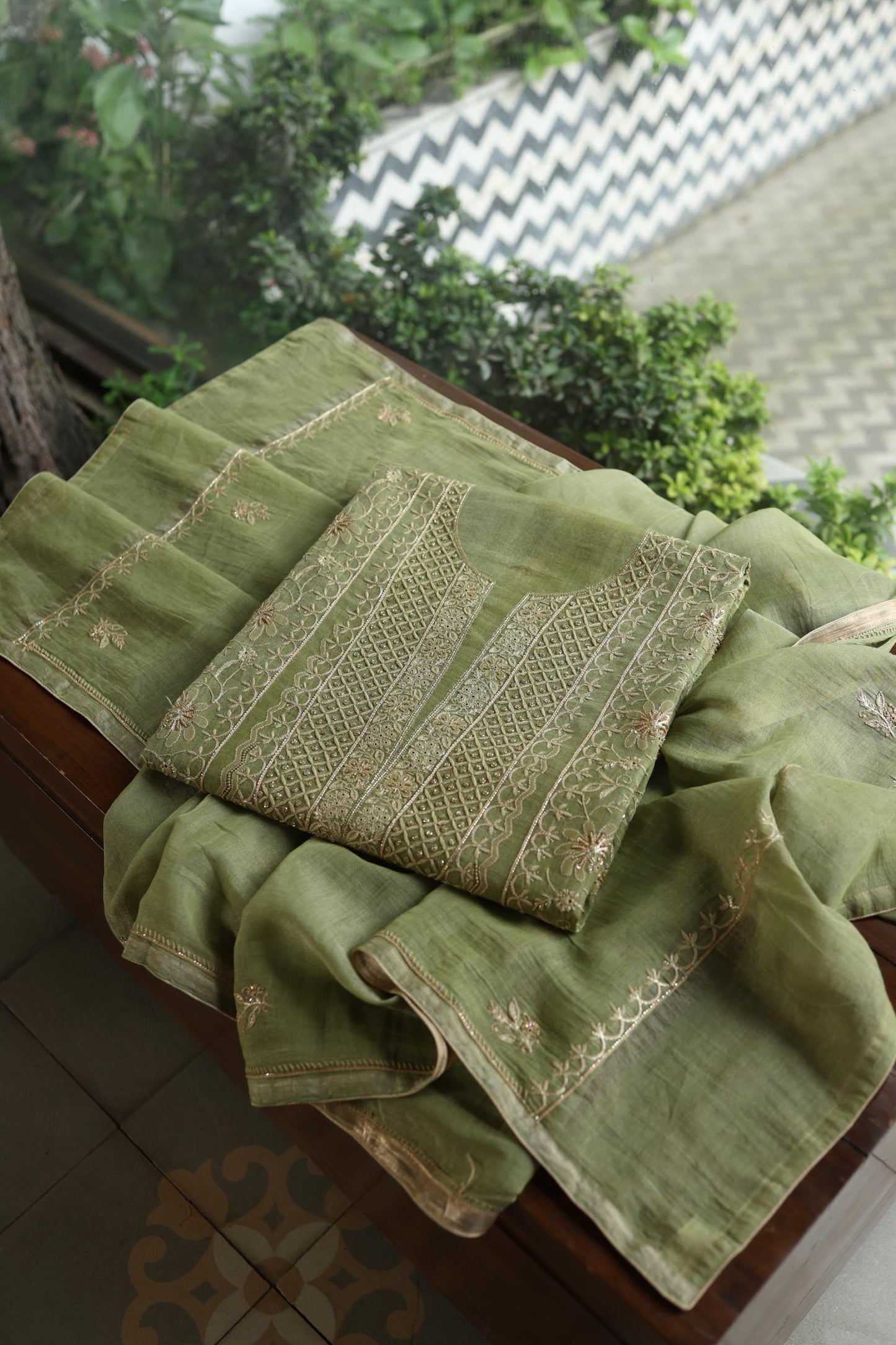 Green Shade Tissue Silk Chikankari Unstitched Fabric