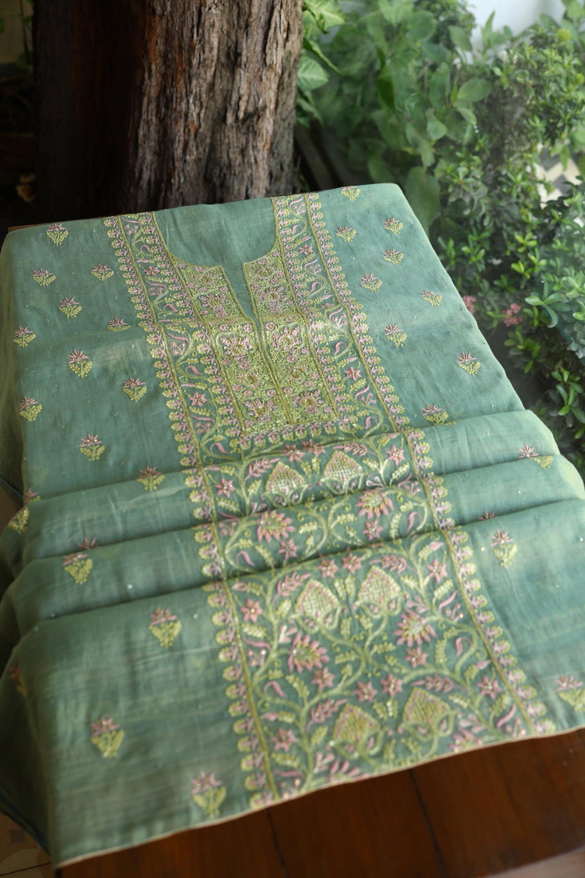 Green Shade Tissue Silk Chikankari Unstitched Fabric