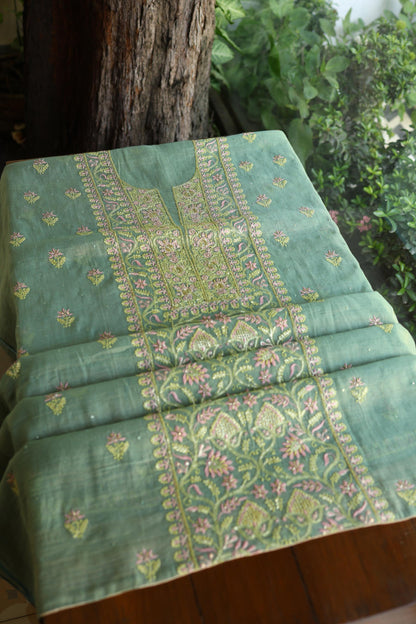 Green Shade Tissue Silk Chikankari Unstitched Fabric