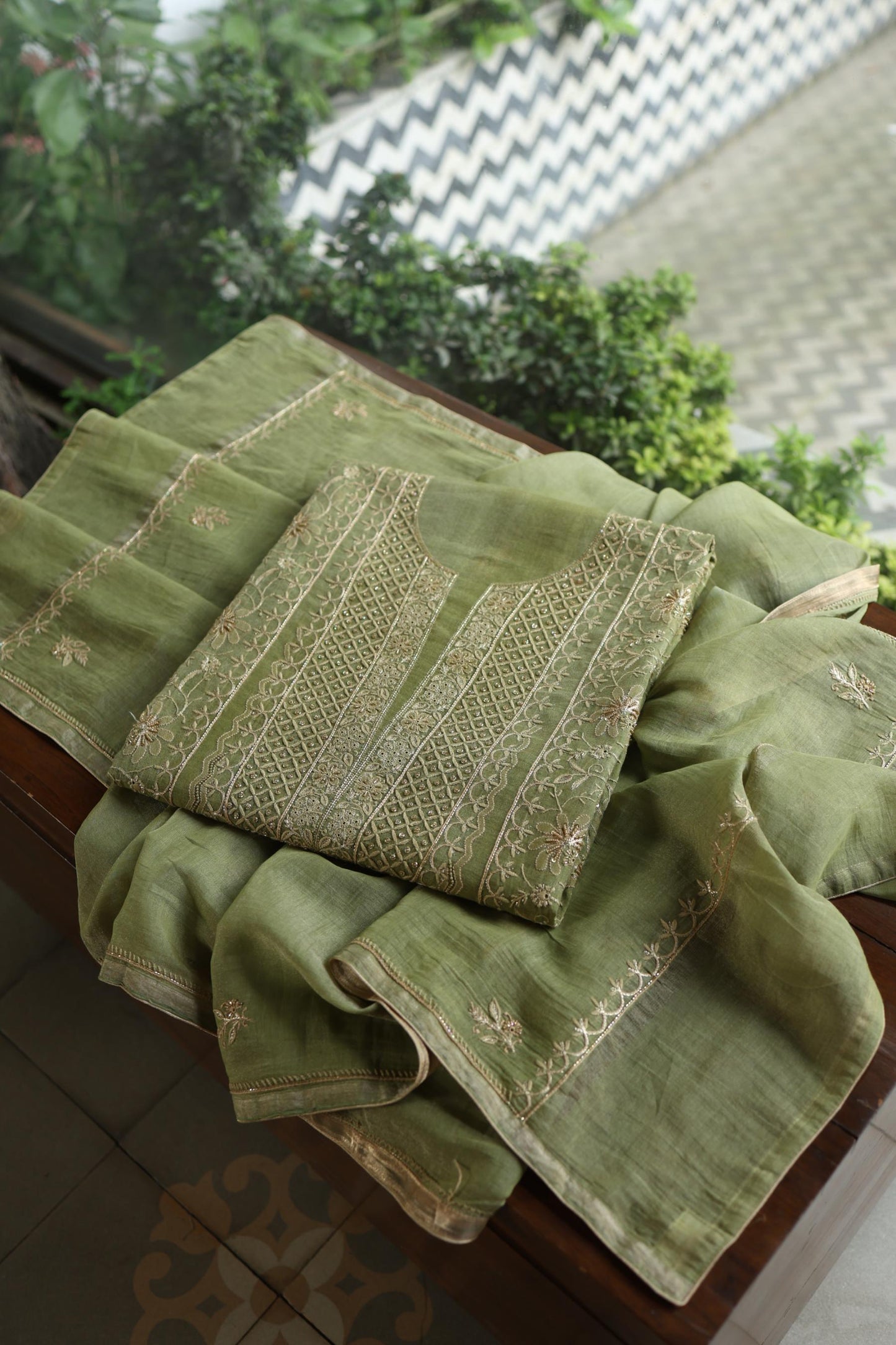 Green Shade Tissue Silk Chikankari Unstitched Fabric