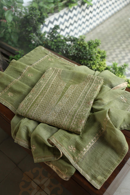 Green Shade Tissue Silk Chikankari Unstitched Fabric