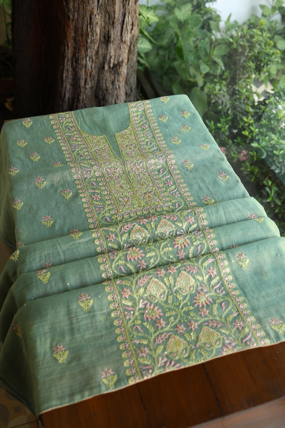 Green Shade Tissue Silk Chikankari Unstitched Fabric