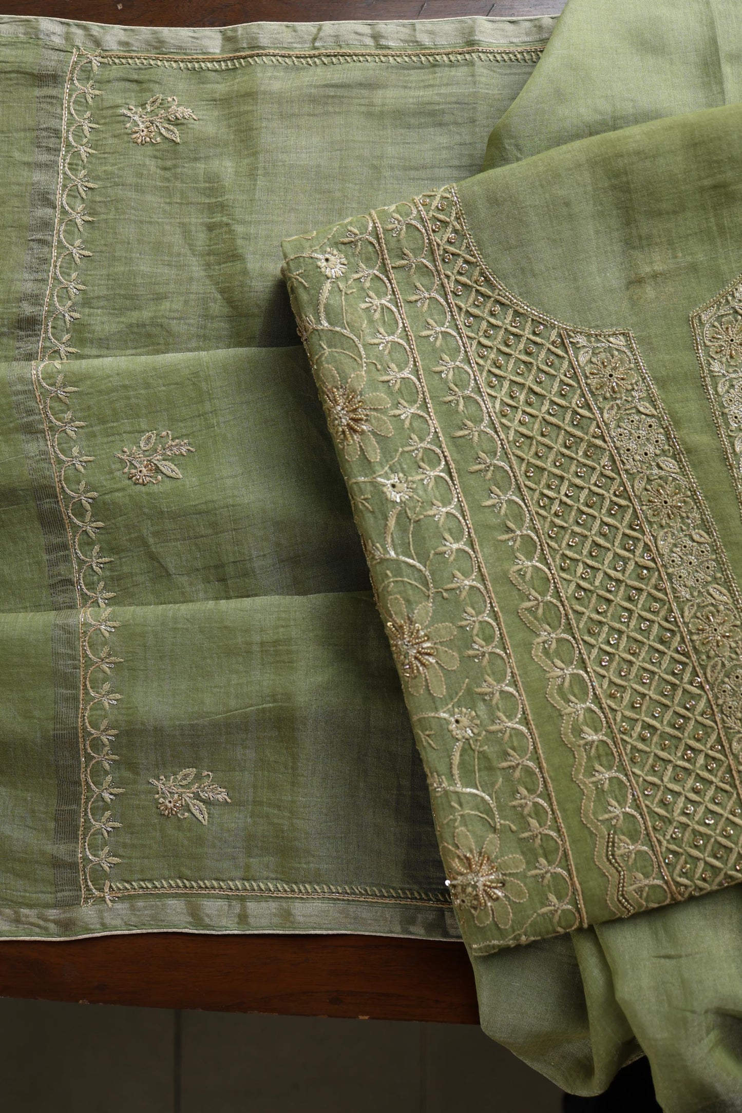 Green Shade Tissue Silk Chikankari Unstitched Fabric