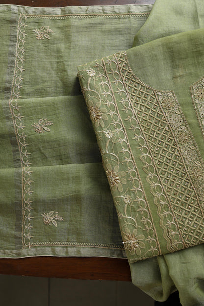 Green Shade Tissue Silk Chikankari Unstitched Fabric