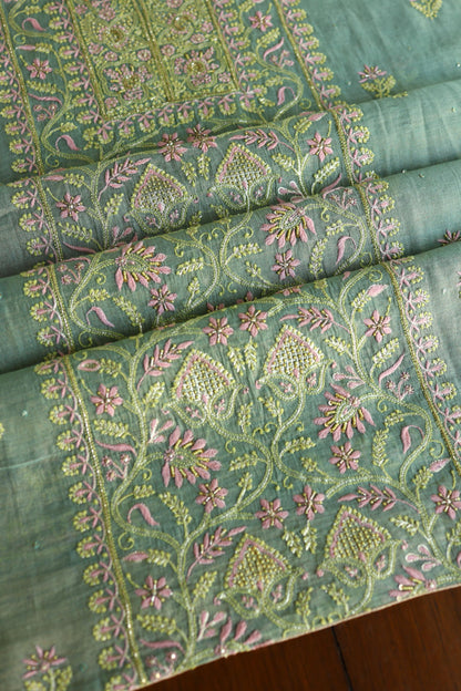 Green Shade Tissue Silk Chikankari Unstitched Fabric