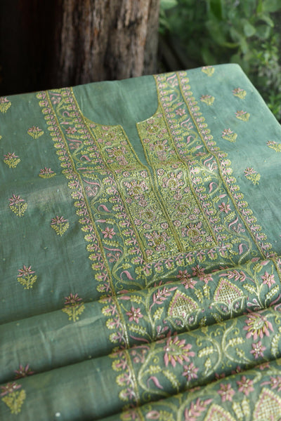Green Shade Tissue Silk Chikankari Unstitched Fabric