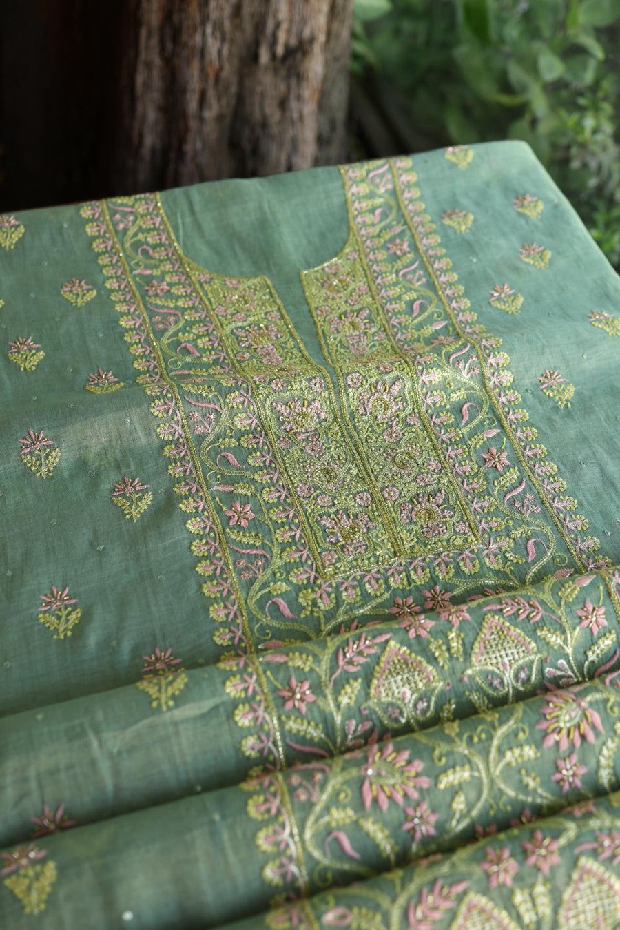 Green Shade Tissue Silk Chikankari Unstitched Fabric