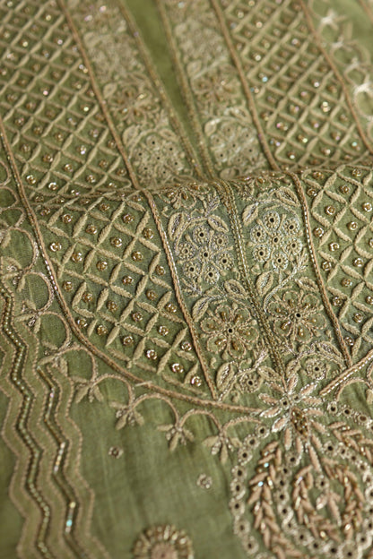 Green Shade Tissue Silk Chikankari Unstitched Fabric