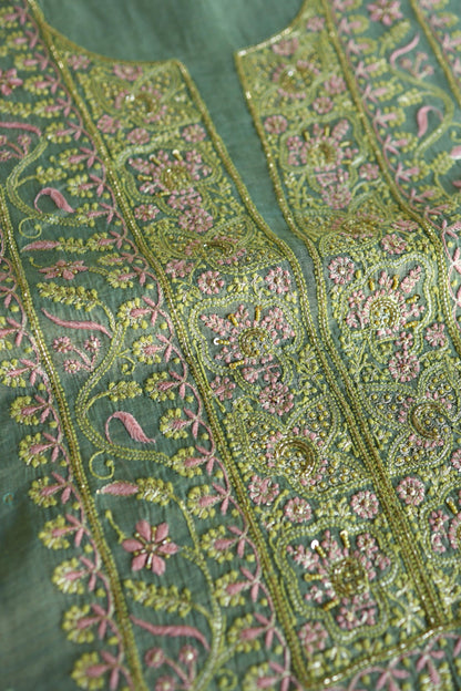 Green Shade Tissue Silk Chikankari Unstitched Fabric