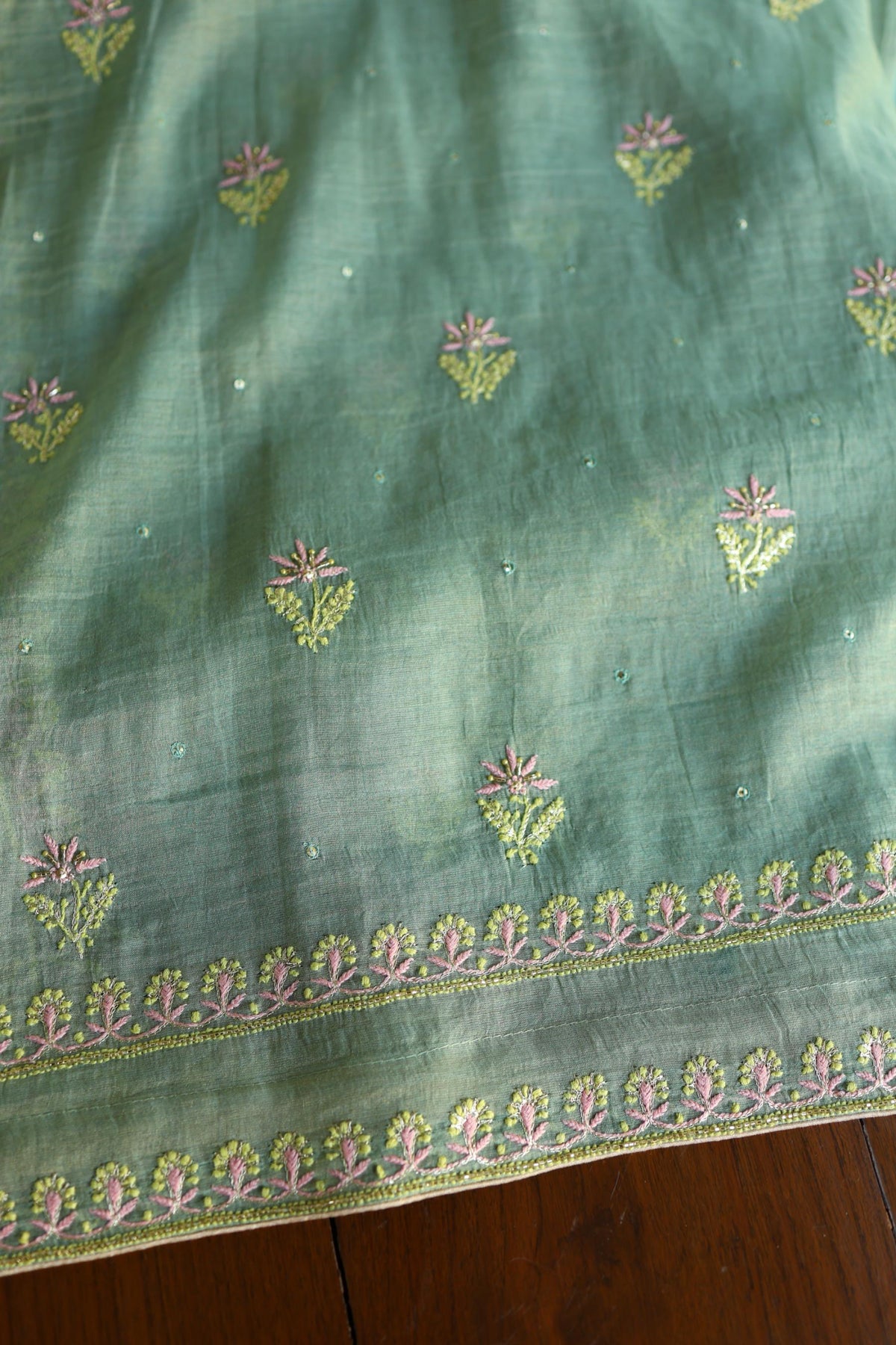 Green Shade Tissue Silk Chikankari Unstitched Fabric