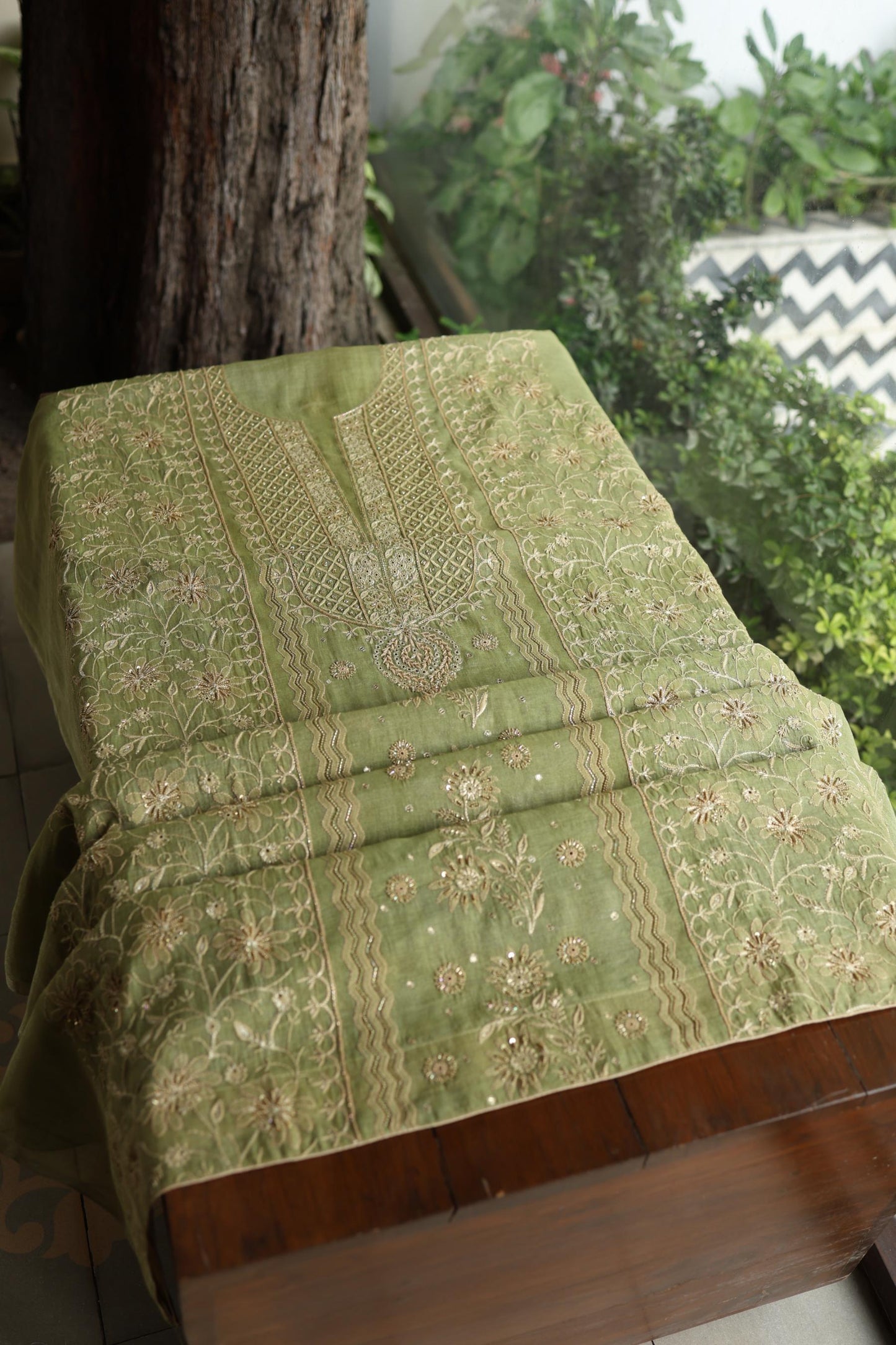 Green Shade Tissue Silk Chikankari Unstitched Fabric