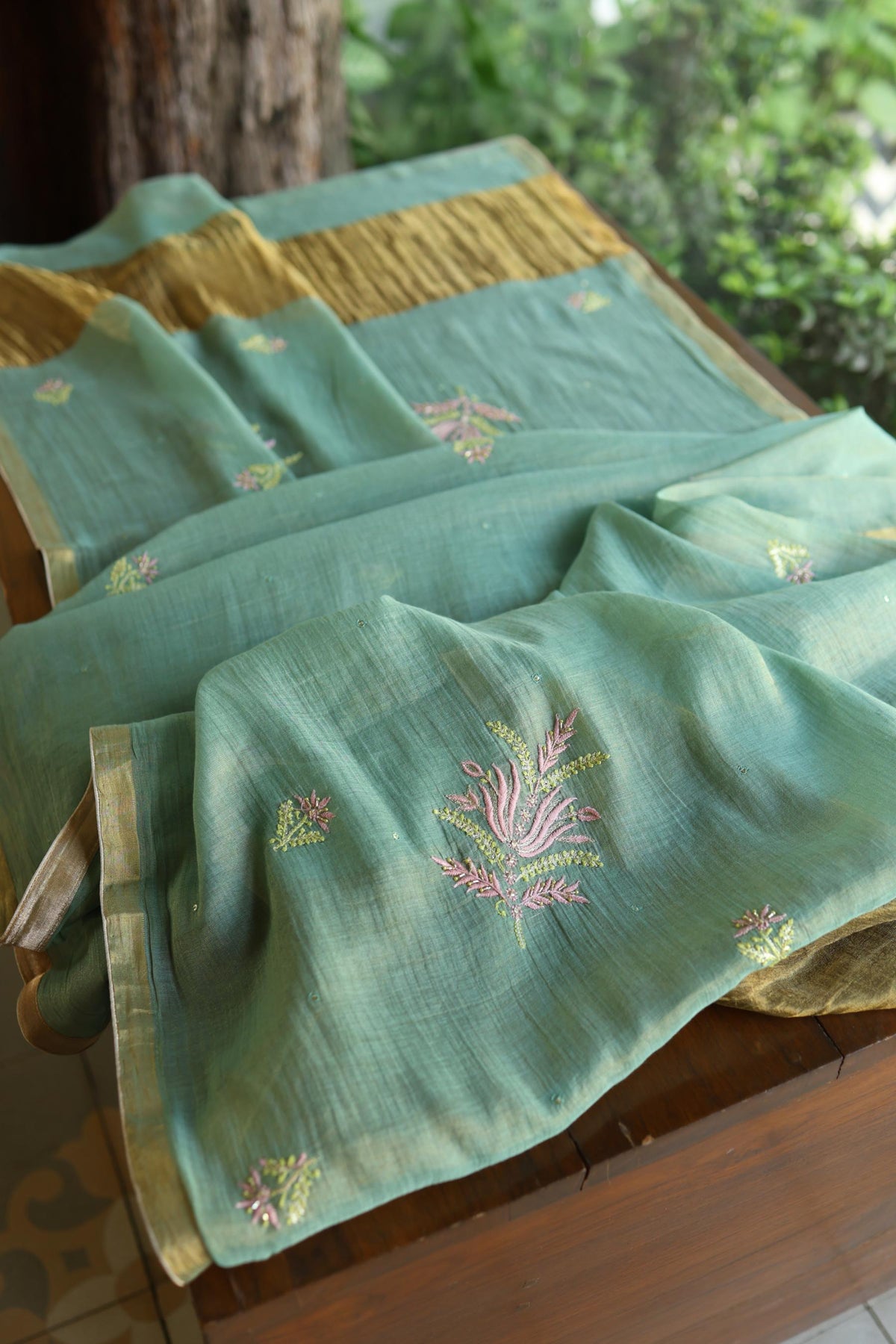 Green Shade Tissue Silk Chikankari Unstitched Fabric