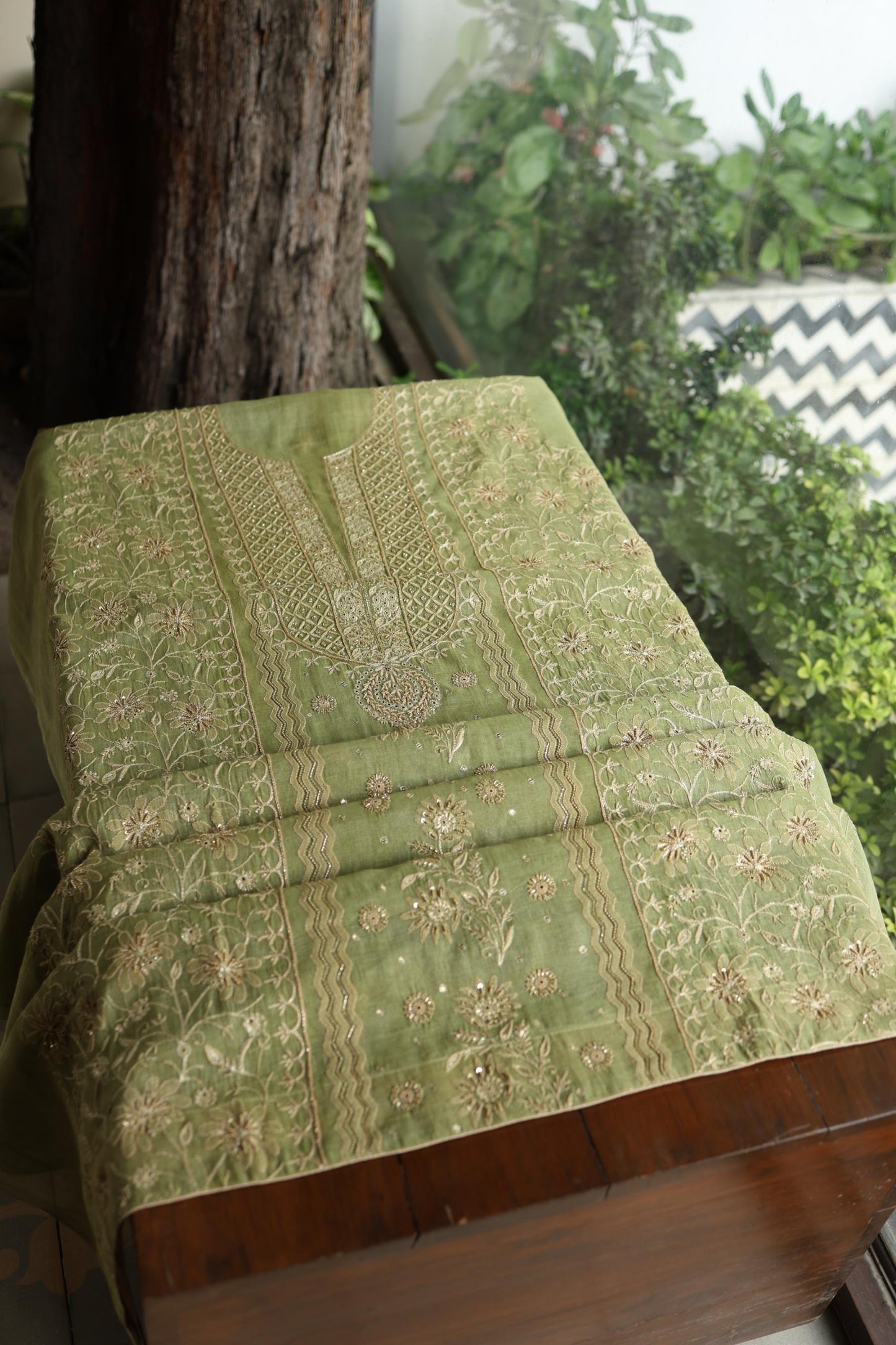 Green Shade Tissue Silk Chikankari Unstitched Fabric