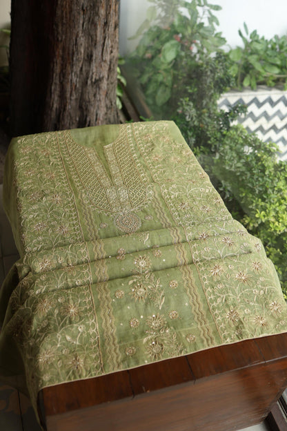 Green Shade Tissue Silk Chikankari Unstitched Fabric