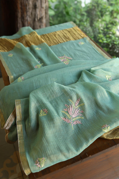 Green Shade Tissue Silk Chikankari Unstitched Fabric