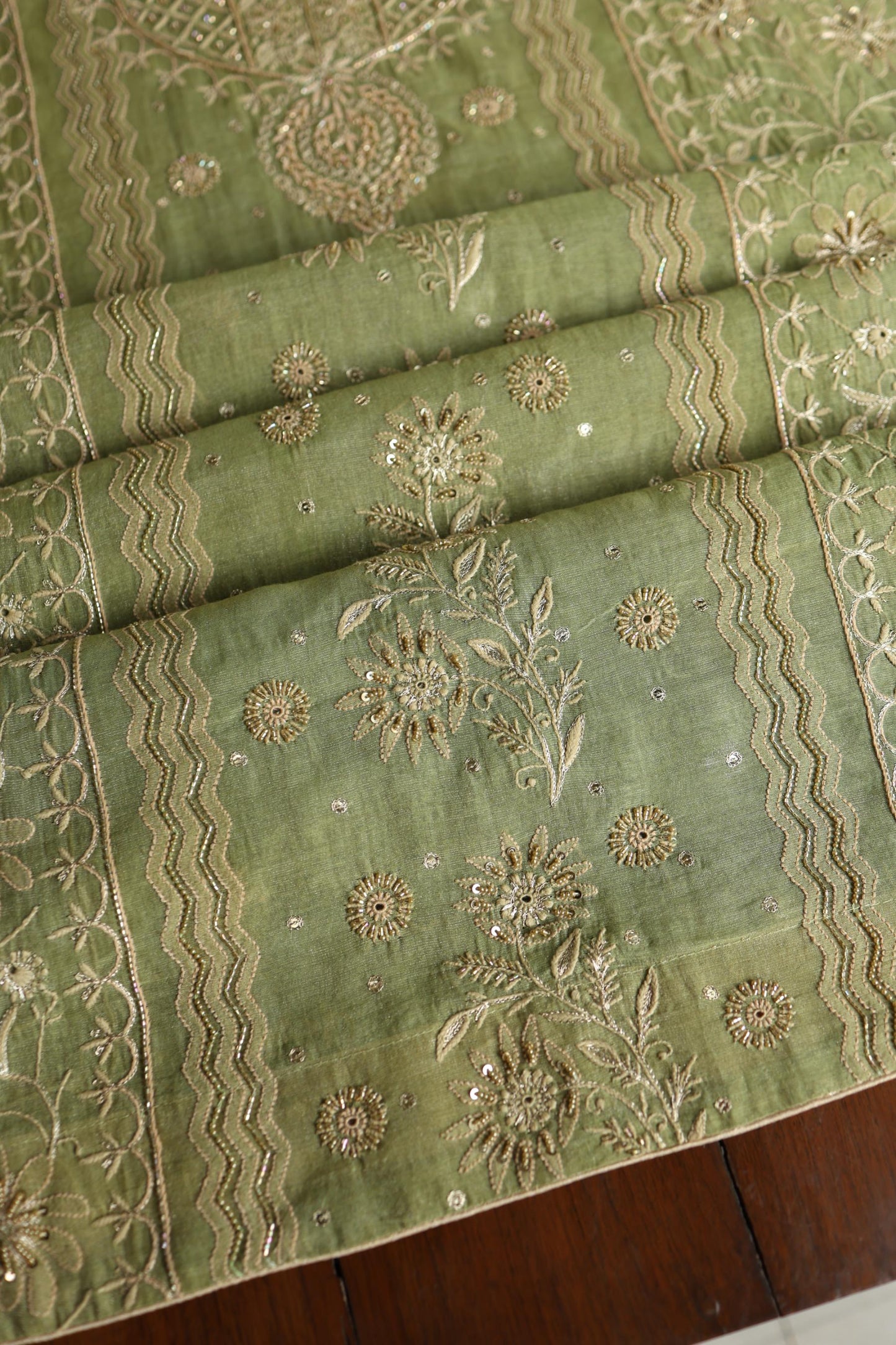 Green Shade Tissue Silk Chikankari Unstitched Fabric