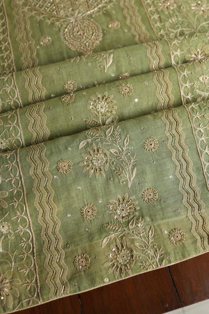 Green Shade Tissue Silk Chikankari Unstitched Fabric