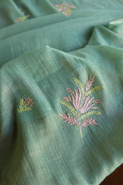 Green Shade Tissue Silk Chikankari Unstitched Fabric