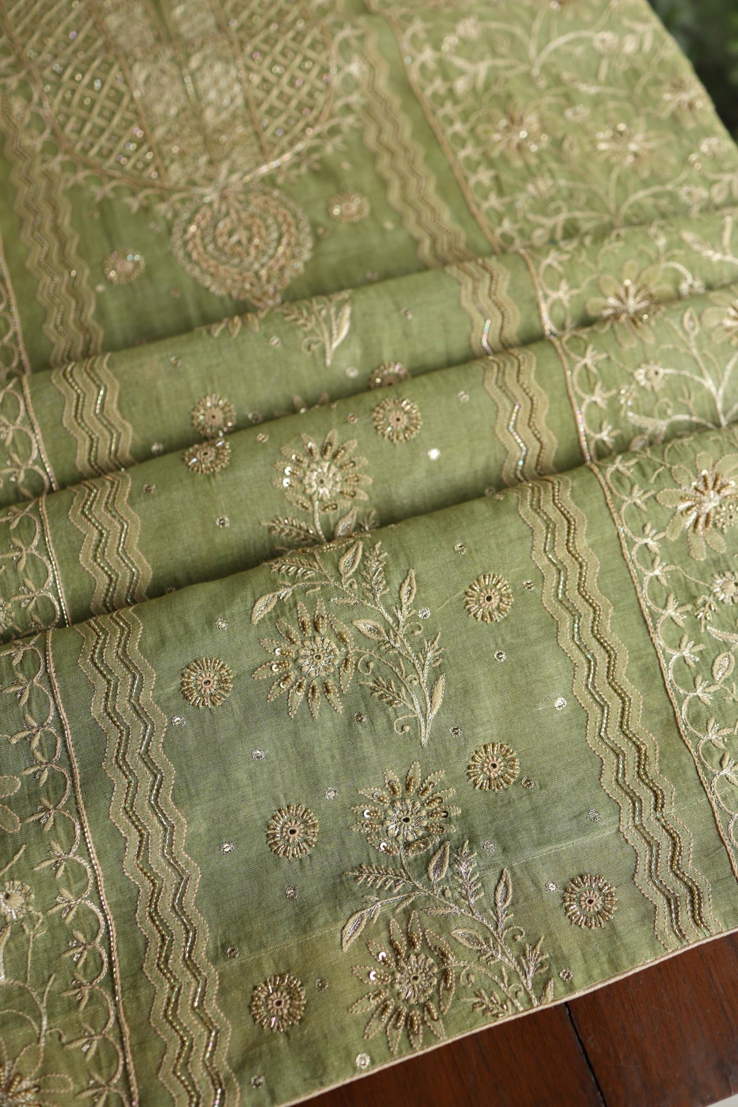 Green Shade Tissue Silk Chikankari Unstitched Fabric