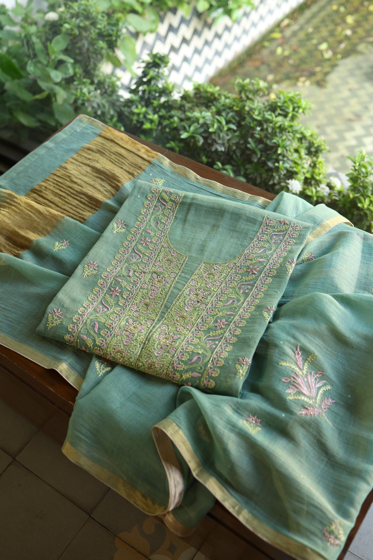 Green Shade Tissue Silk Chikankari Unstitched Fabric