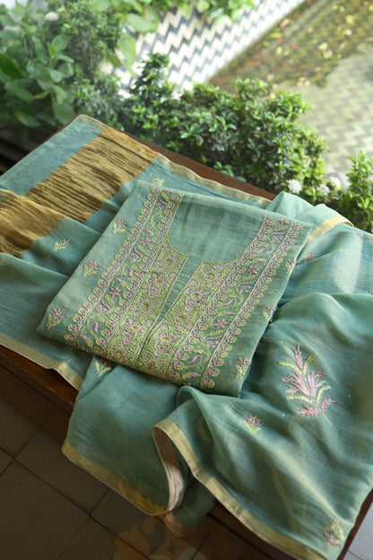Green Shade Tissue Silk Chikankari Unstitched Fabric