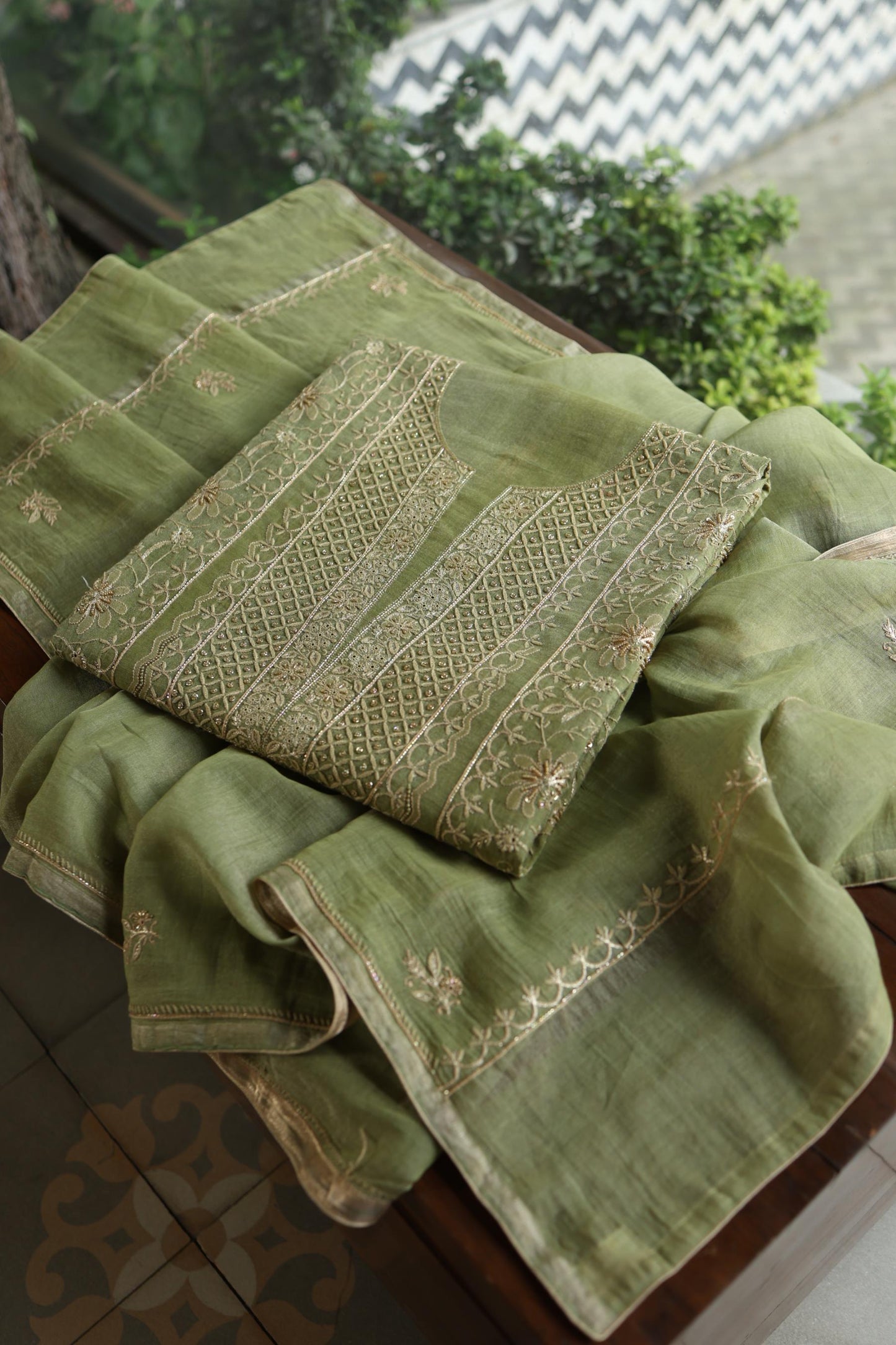 Green Shade Tissue Silk Chikankari Unstitched Fabric