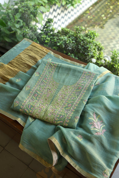 Green Shade Tissue Silk Chikankari Unstitched Fabric