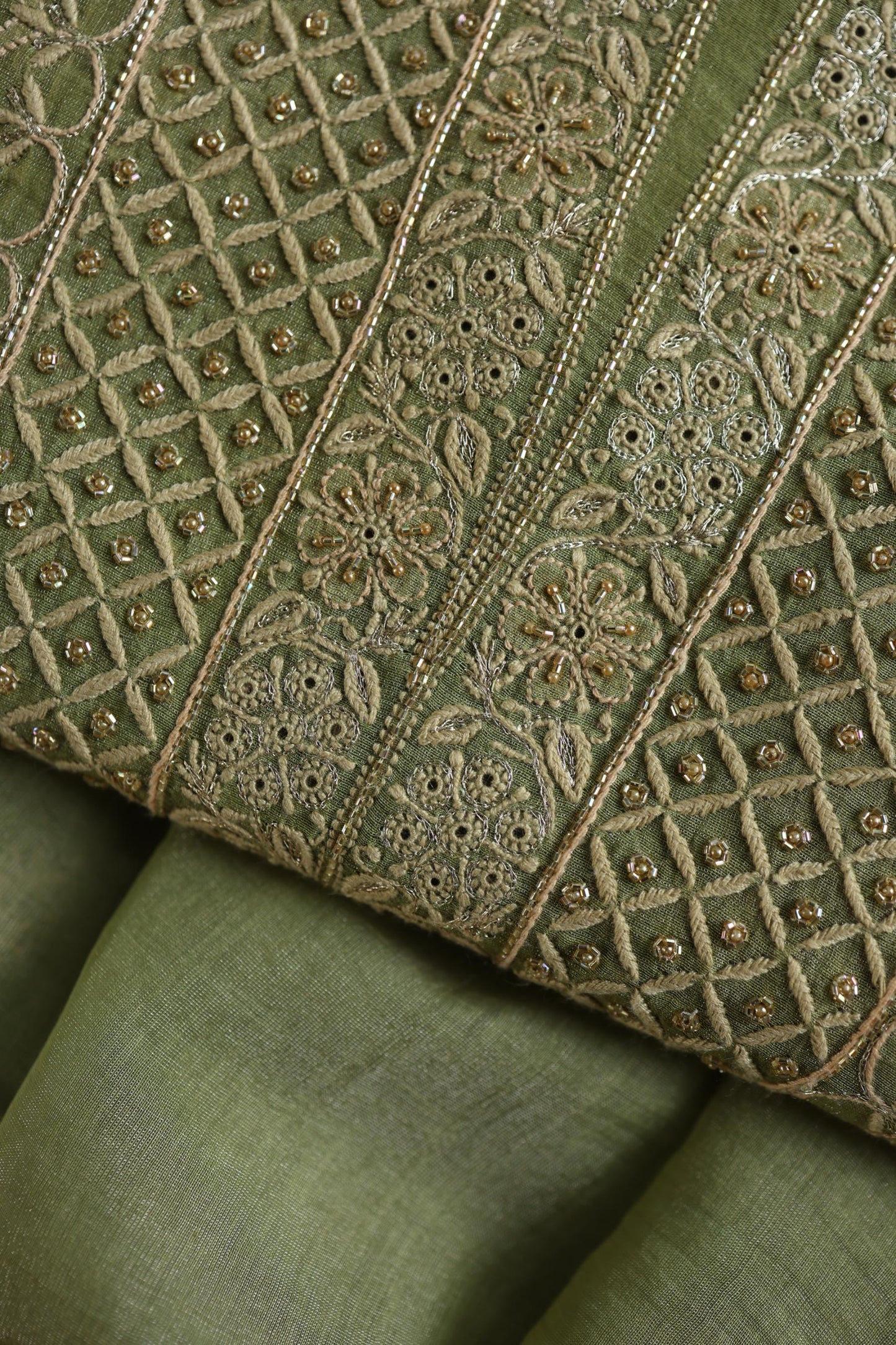 Green Shade Tissue Silk Chikankari Unstitched Fabric