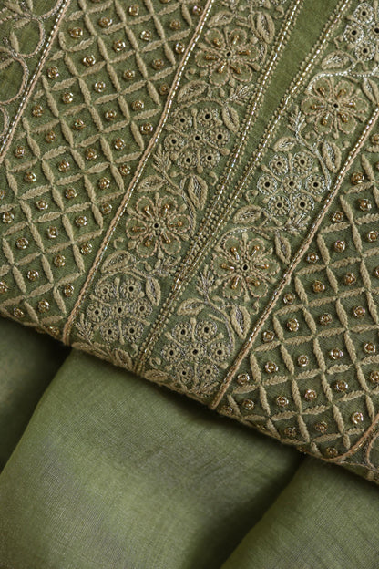 Green Shade Tissue Silk Chikankari Unstitched Fabric